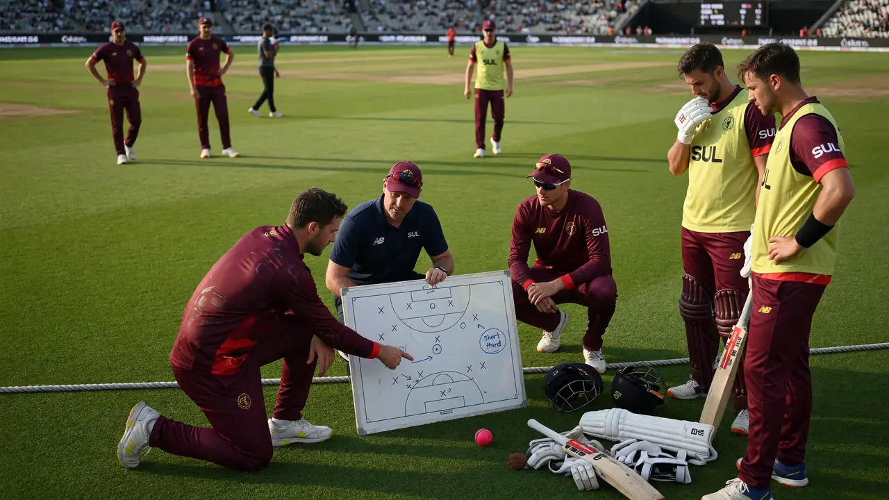 Medium view of fielders adjusting positions on a green outfield during a white-ball tactical phase