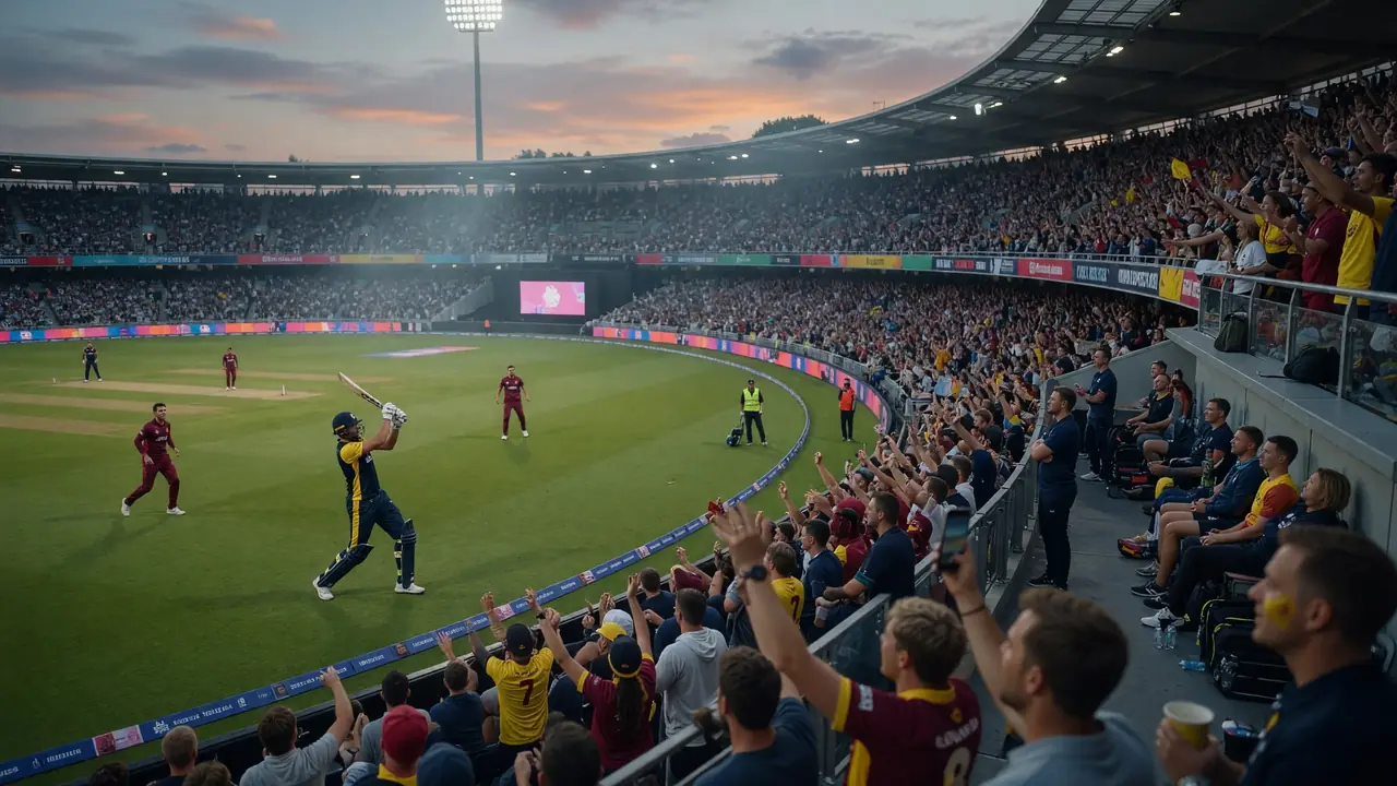Wide daytime view of a packed cricket ground with green outfield, stands and match-day atmosphere at a Hundred venue
