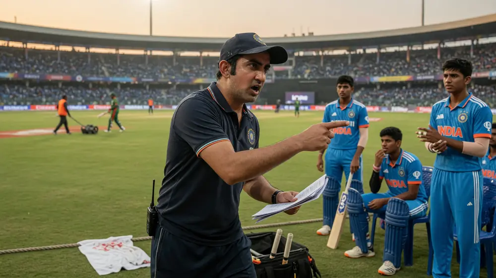 Young Indian batter in blue kit playing a firm front-foot drive during a T20 match under stadium lights