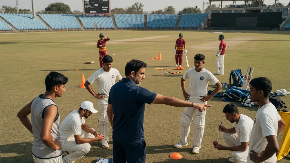 Medium view of fielders and bowler setting a tactical ring on a sunlit cricket ground during team interaction