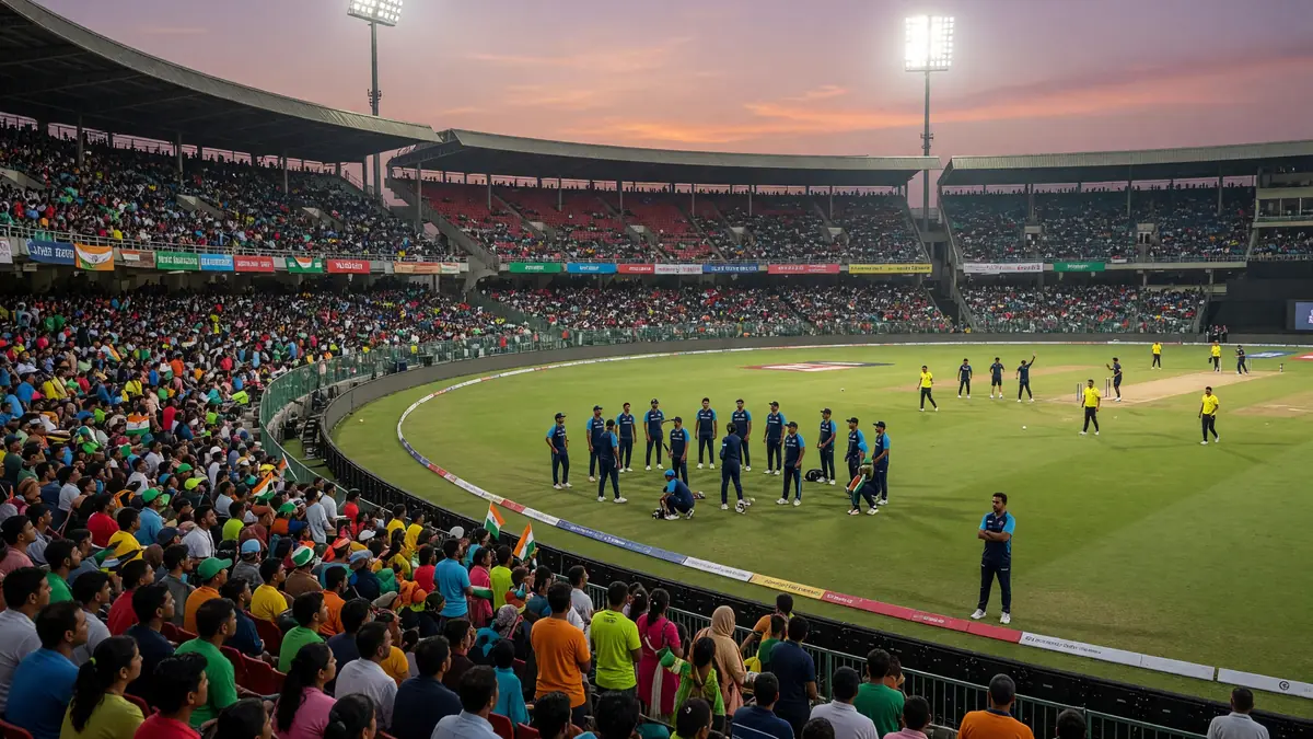 Wide evening view of a packed international cricket stadium before a T20 match, with floodlights over the outfield and stands