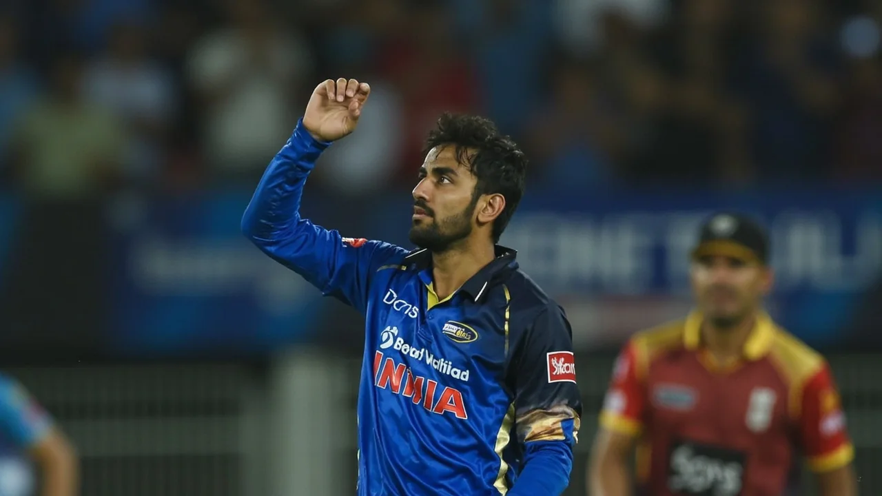 Editorial close-up of Shardul Thakur in Mumbai Indians training jersey during the November 2025 trade window, with a coaching whiteboard in the background